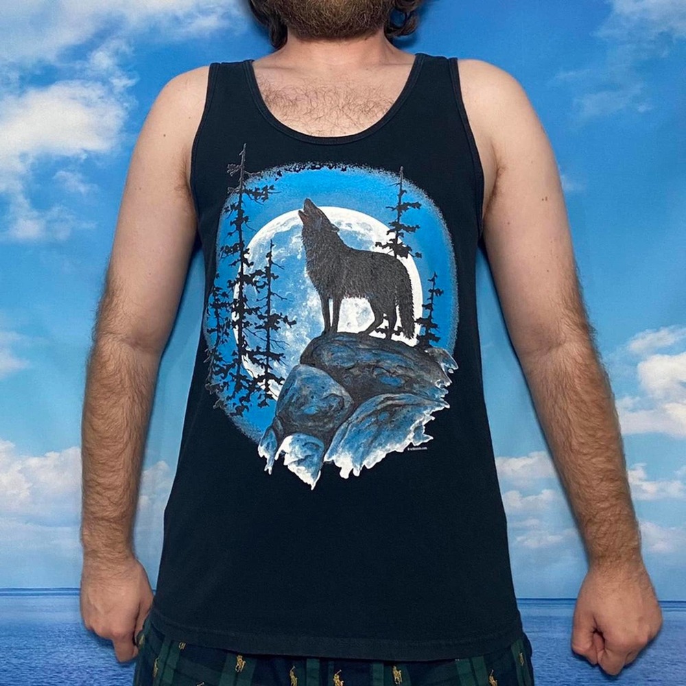 Vintage 90s wolf nature tank top black medium